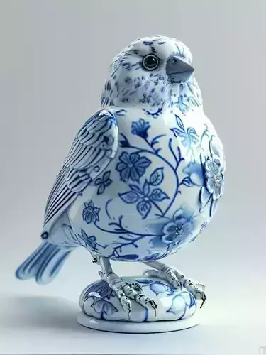 Blue White Porcelain Bird 3D Decorative Ceramic Animal Art
