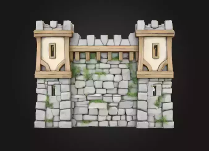 Whimsical Medieval Village Wall Section Low-poly 3D model