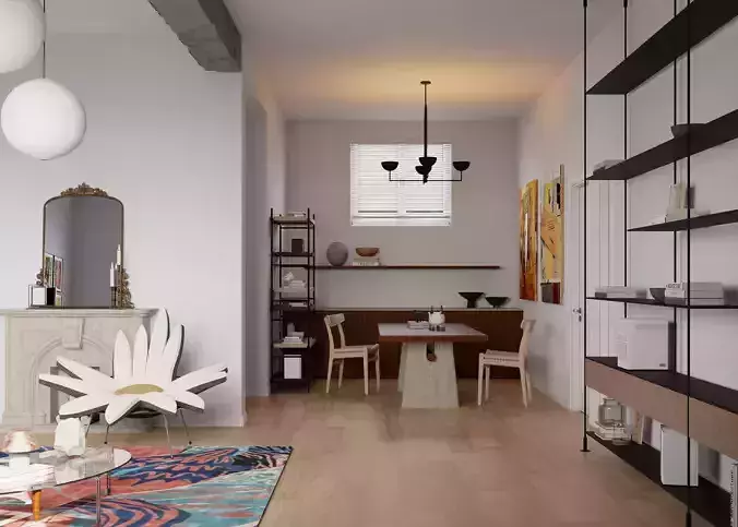 Eclectic living and dining room interior