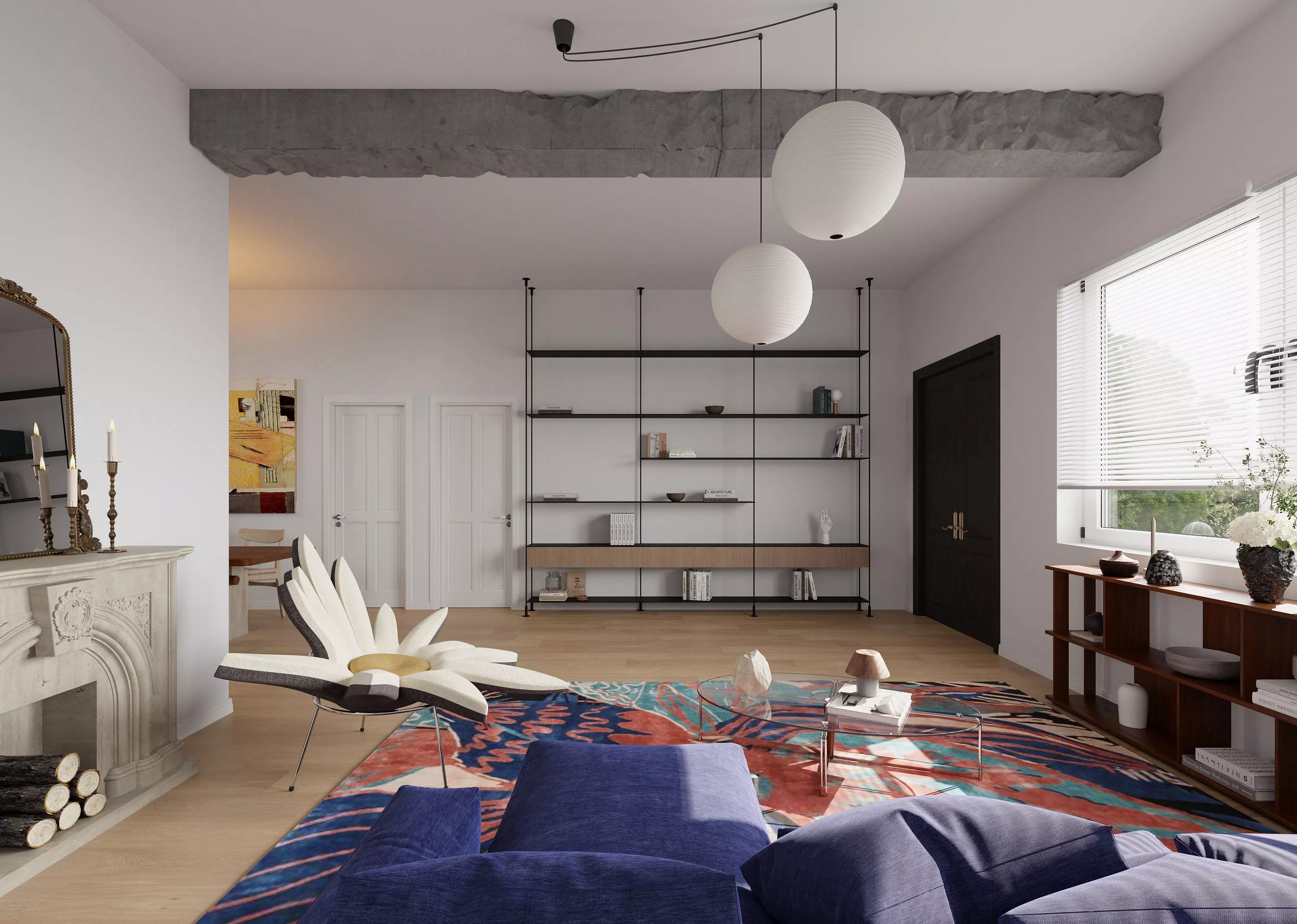 Eclectic living and dining room interior 3D model_1