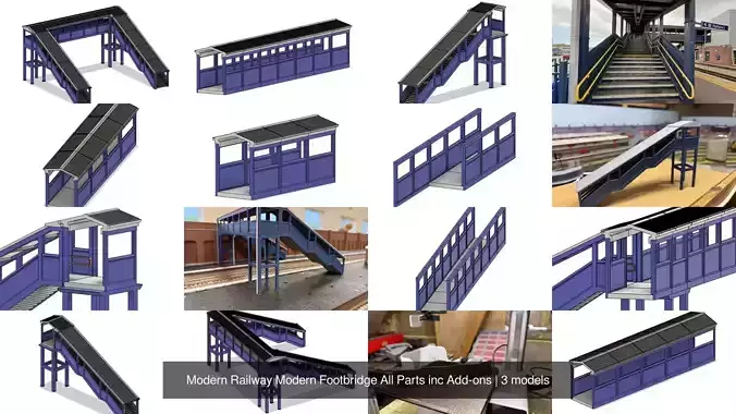 Modern Railway Modern Footbridge All Parts inc Add-ons 3D Model Collection