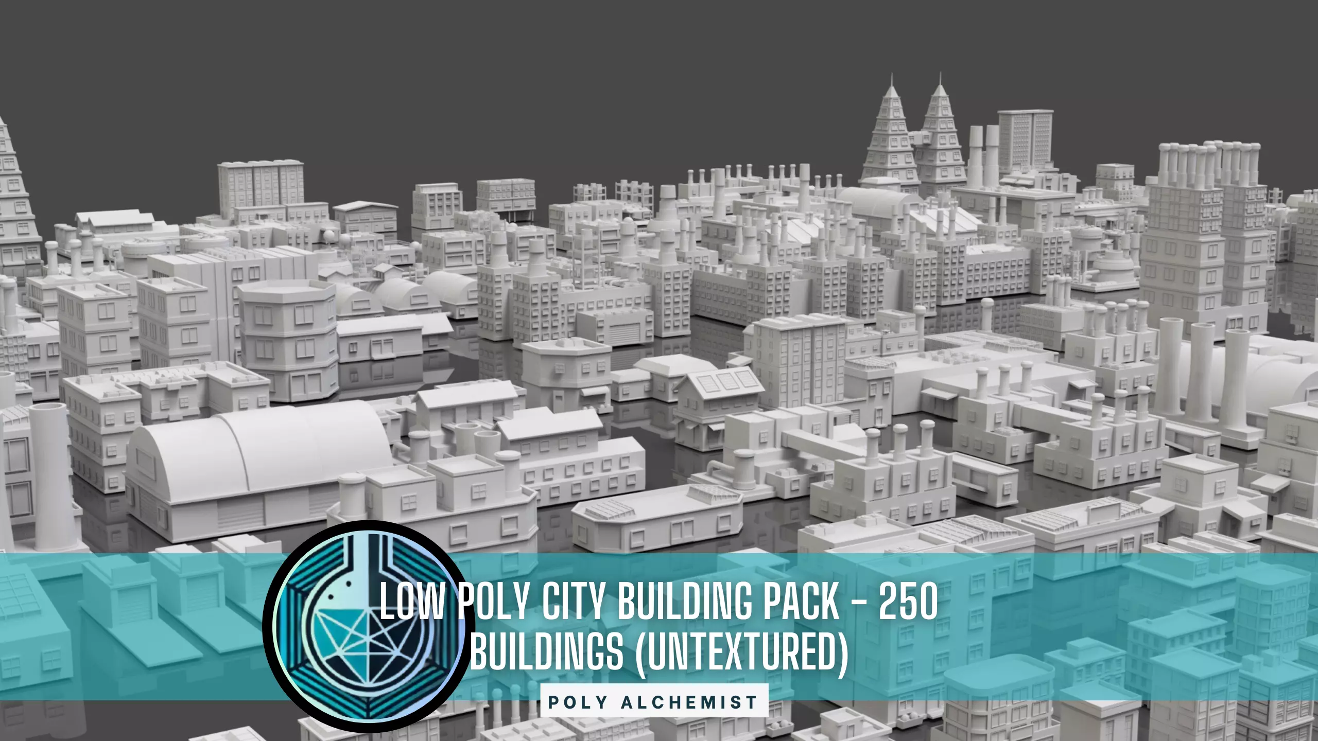 Low Poly City Buildings Pack Of 250 - Game Ready - Untextured Low-poly 3D model