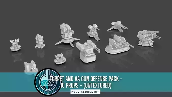 Turret and AA Gun Defense Pack - 1  - 10 Props - Untextured 3D model Turret and AA Gun Defense Pack - 1  - 10 Props - Untextured 3D model