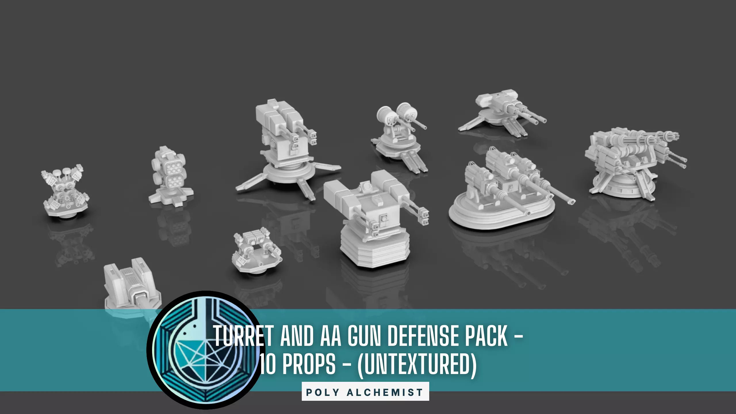 Turret and AA Gun Defense Pack - 1  - 10 Props - Untextured 3D model_0