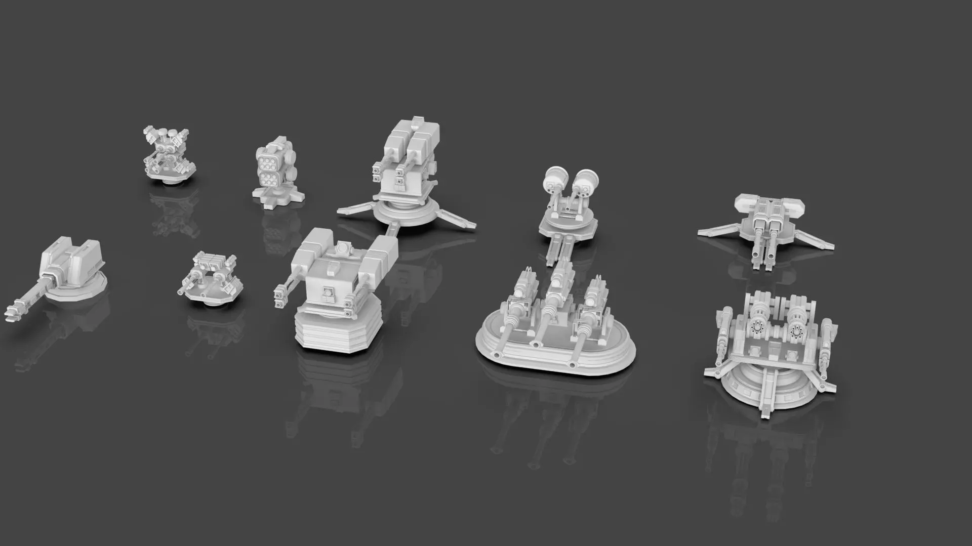Turret and AA Gun Defense Pack - 1  - 10 Props - Untextured 3D model_1