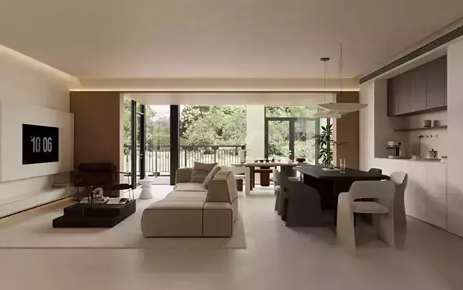 The living and dining room of this modern large flat