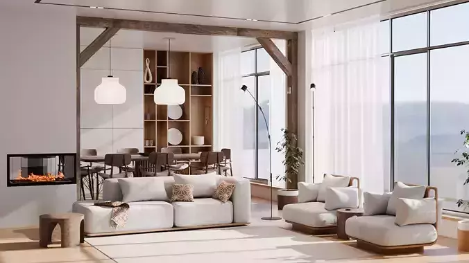 Modern Living Room and Dining Room Interior Scene  3D model