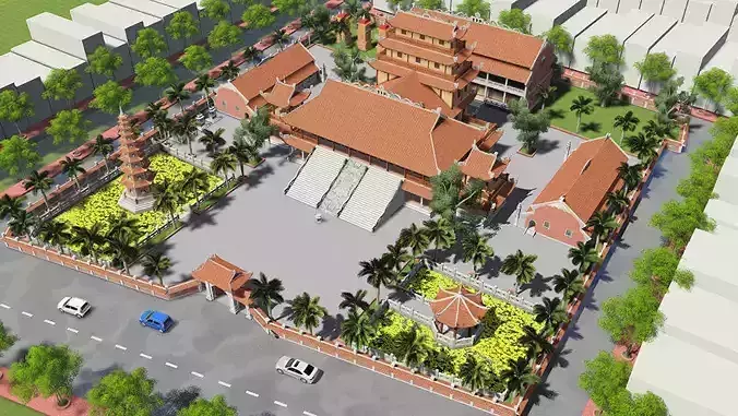 Traditional Asian Temple with Ornate Architecture Low-poly 3D model