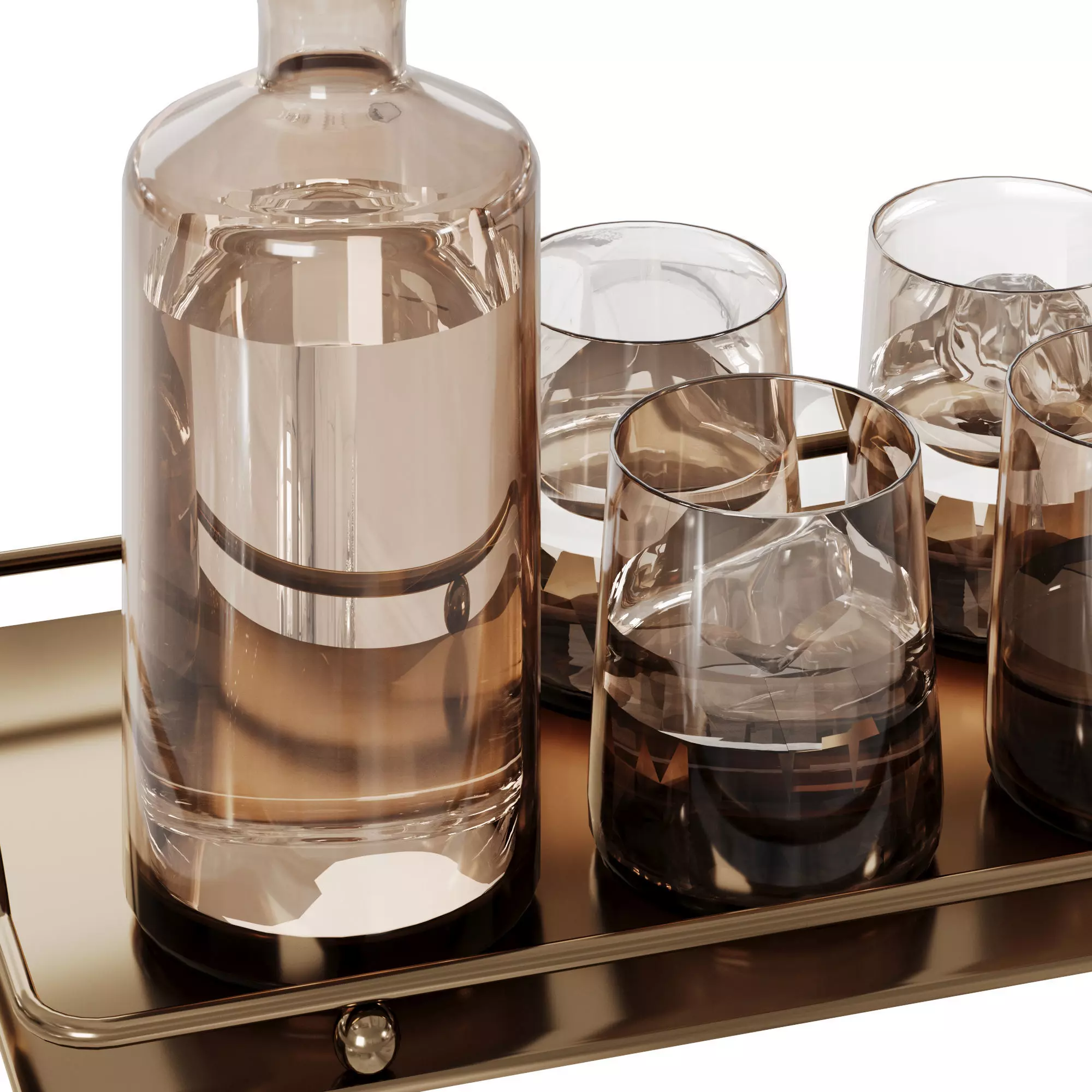 Smoked Glass Decanter Set on Metal Tray  Barware Composition 3D model_1