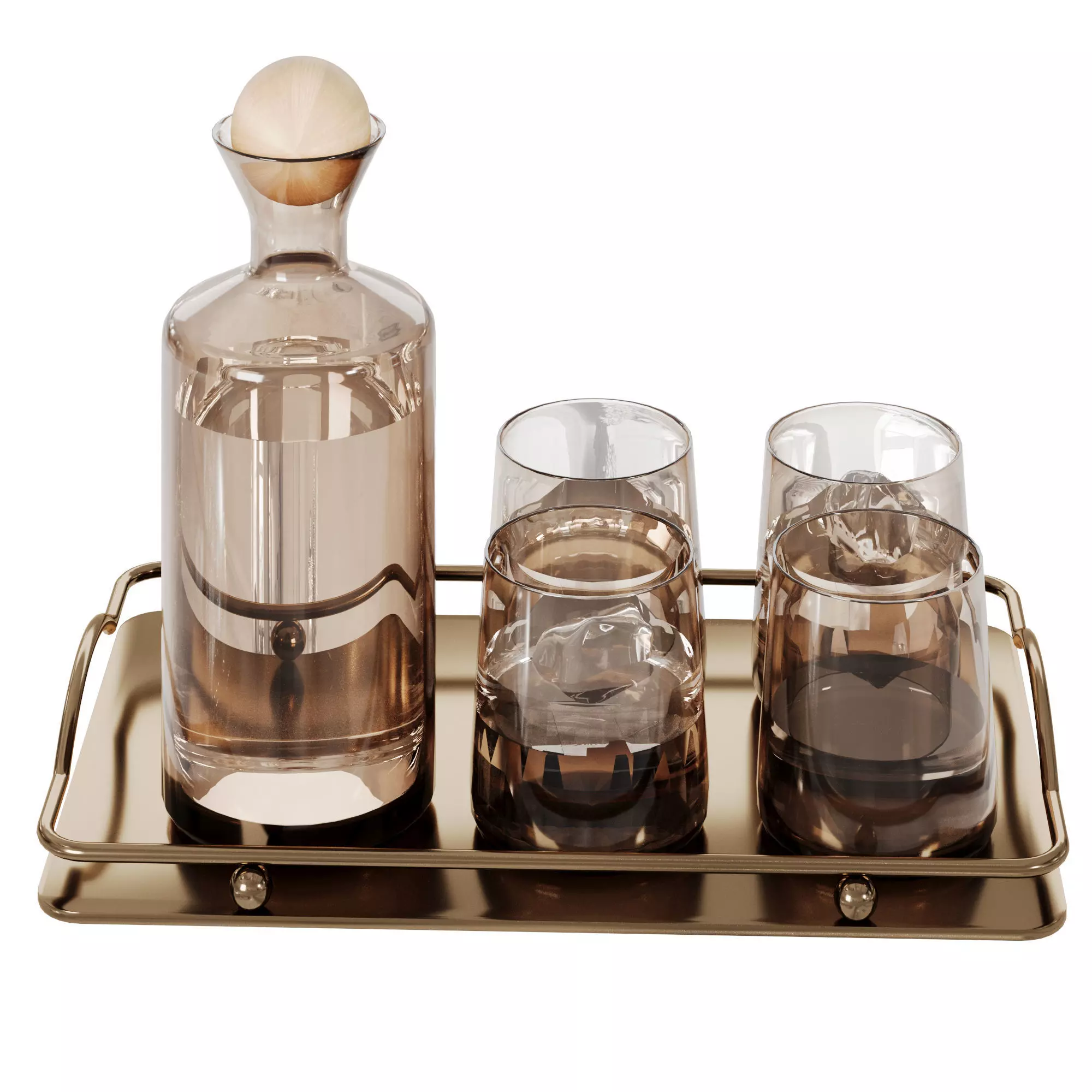 Smoked Glass Decanter Set on Metal Tray  Barware Composition 3D model_5