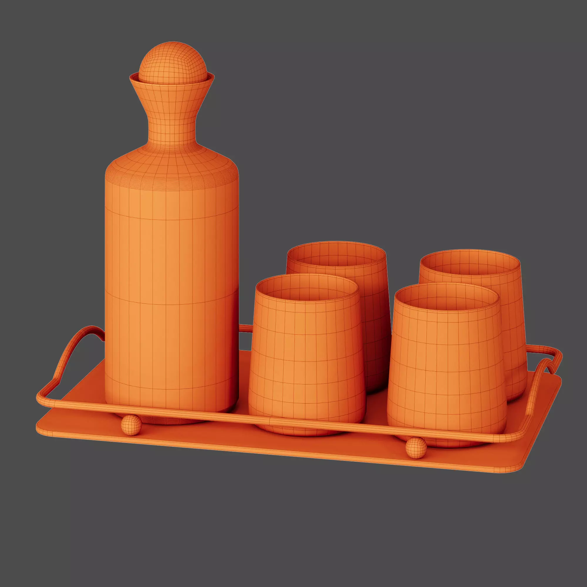 Smoked Glass Decanter Set on Metal Tray  Barware Composition 3D model_6