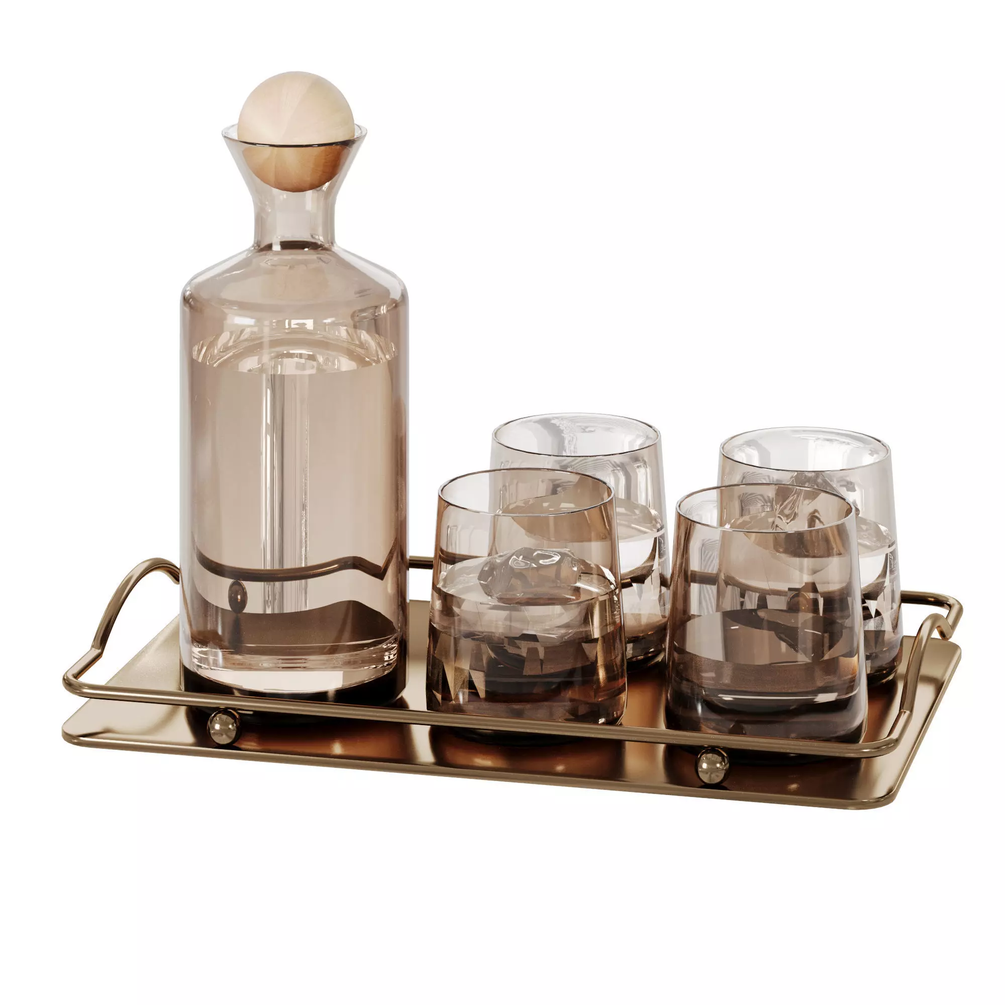 Smoked Glass Decanter Set on Metal Tray  Barware Composition 3D model_0