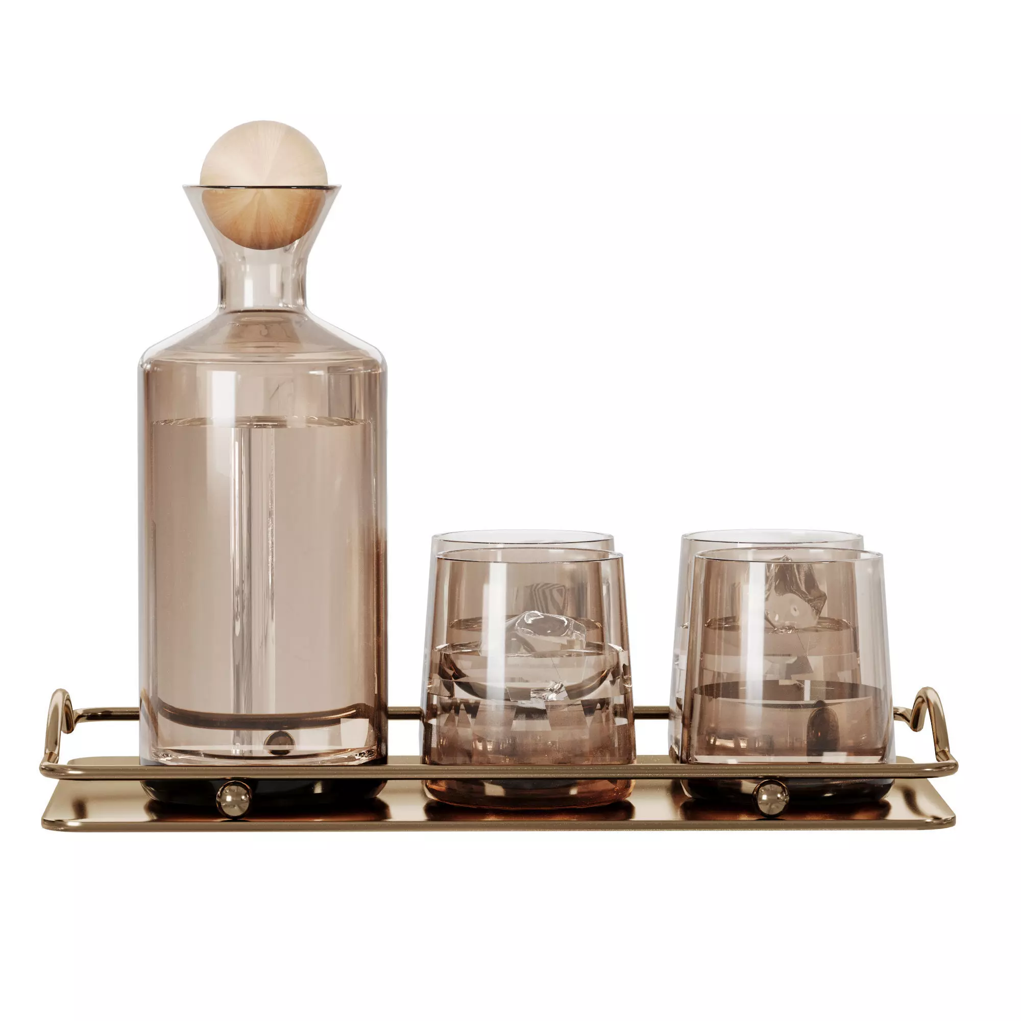 Smoked Glass Decanter Set on Metal Tray  Barware Composition 3D model_4