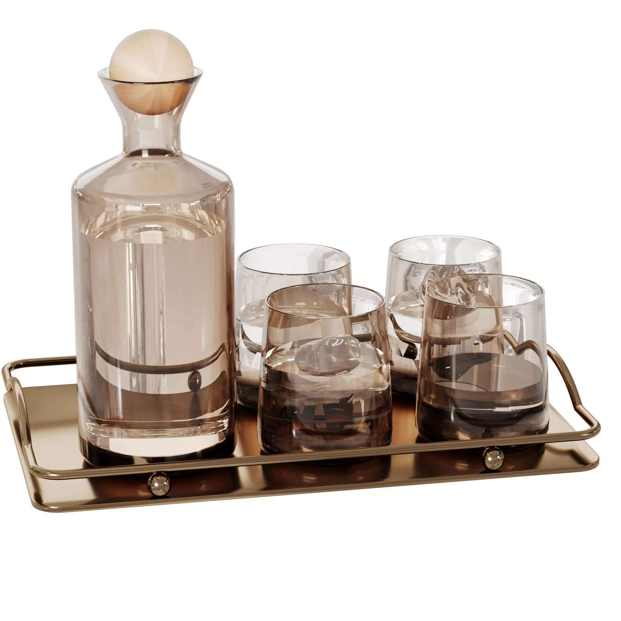 Smoked Glass Decanter Set on Metal Tray  Barware Composition 3D model_3