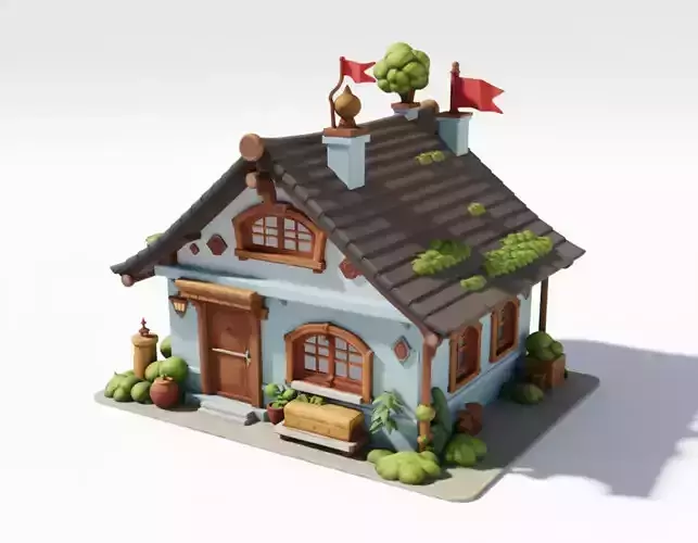 Cute Cartoon House 3D Whimsical Blue Cottage Red Flags Low-poly 3D model