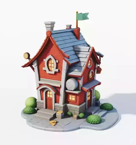 Cute Cartoon House 3D Red Wooden Cottage Game Low-poly 3D model