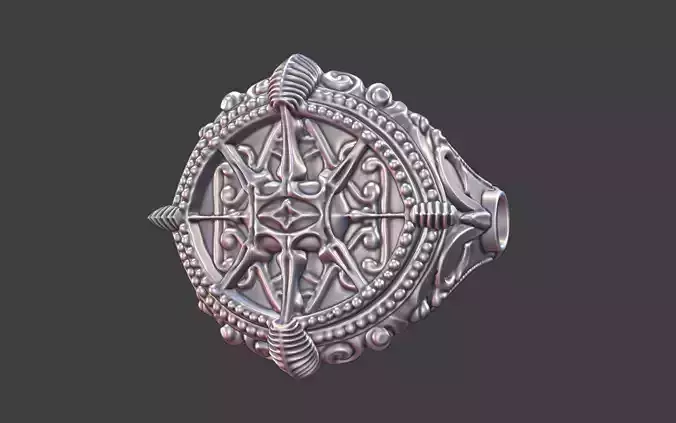 ornate silver compas pirate signet ring with gemstones