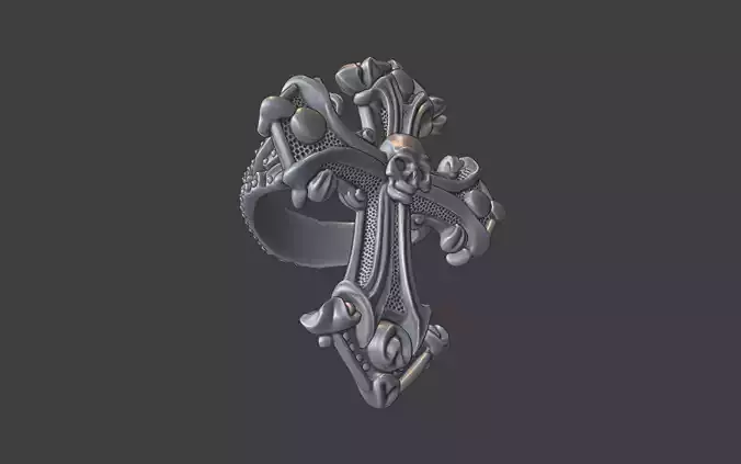 gothic style christian skull cross ring silver v3