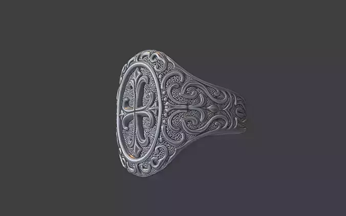 rough texture ornate silver cross signet ring christian v4