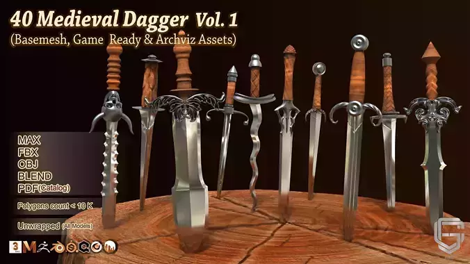 40 Medieval Daggers Vol 1 Basemesh Game ready and Archviz Assets