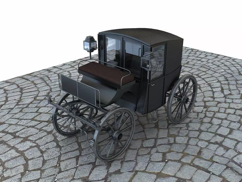 brougham horse drawn carriage on cobblestone street 3D model