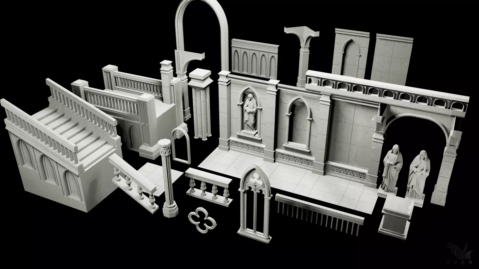 Gothic Interior Kit Mid-Poly Free 3D model_3