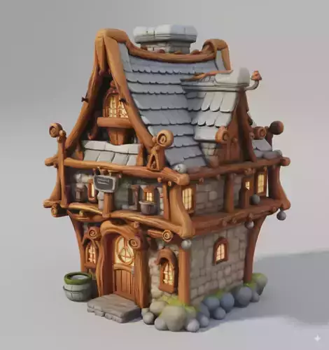 Fantasy Cottage 3D Whimsical Wooden House Stone