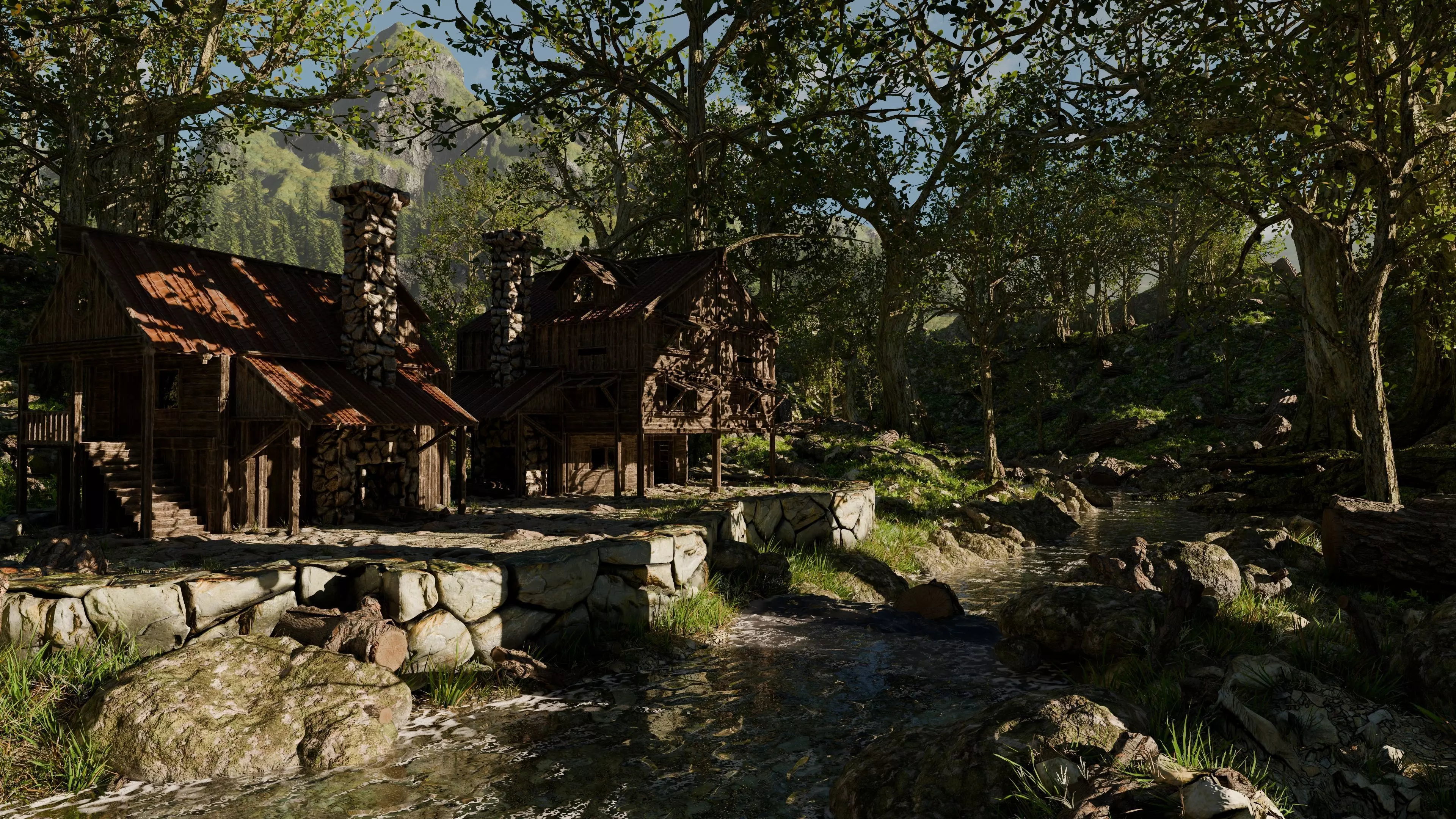Cabin River Landscape Scene 3D model_0