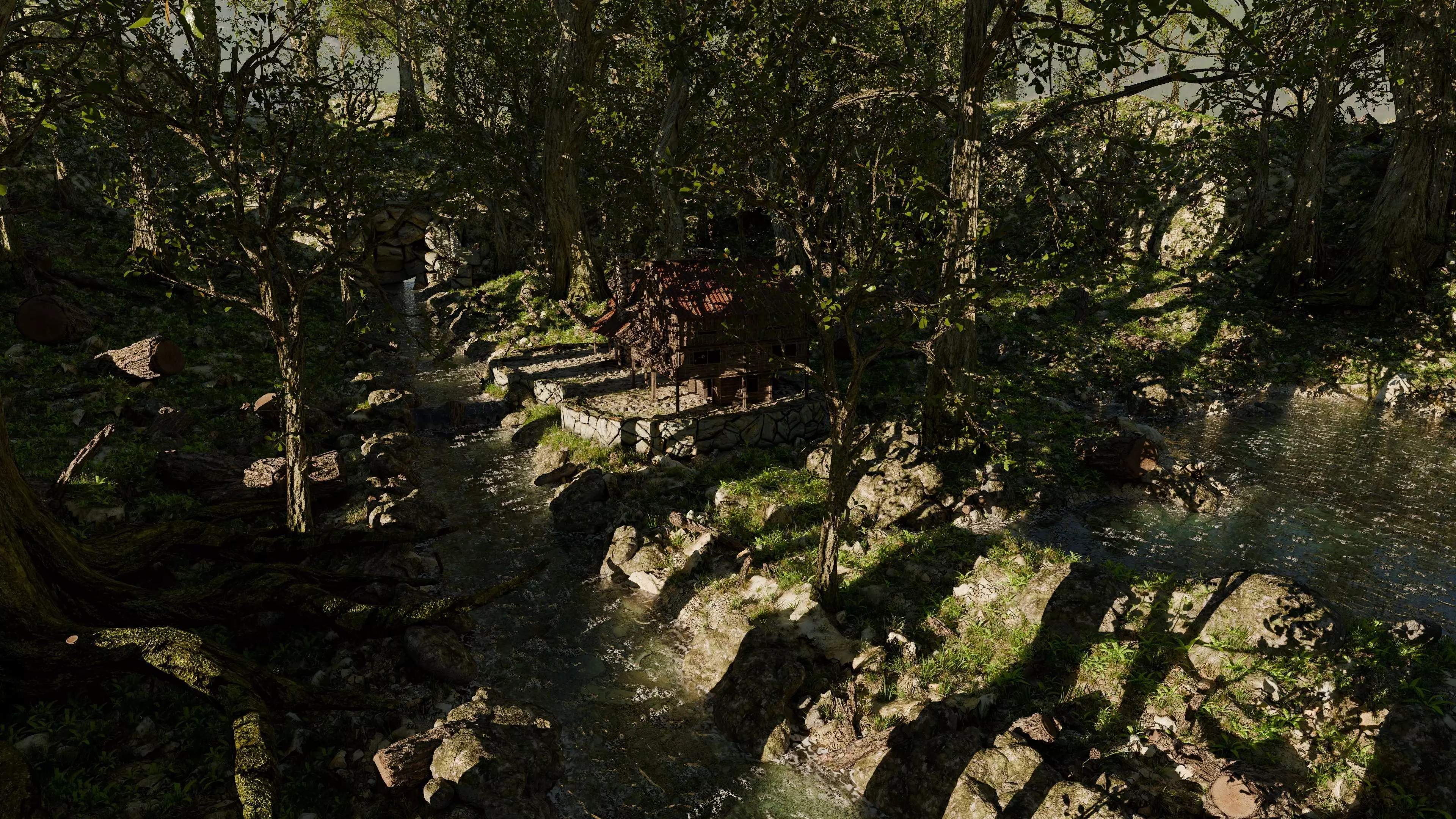 Cabin River Landscape Scene 3D model_8