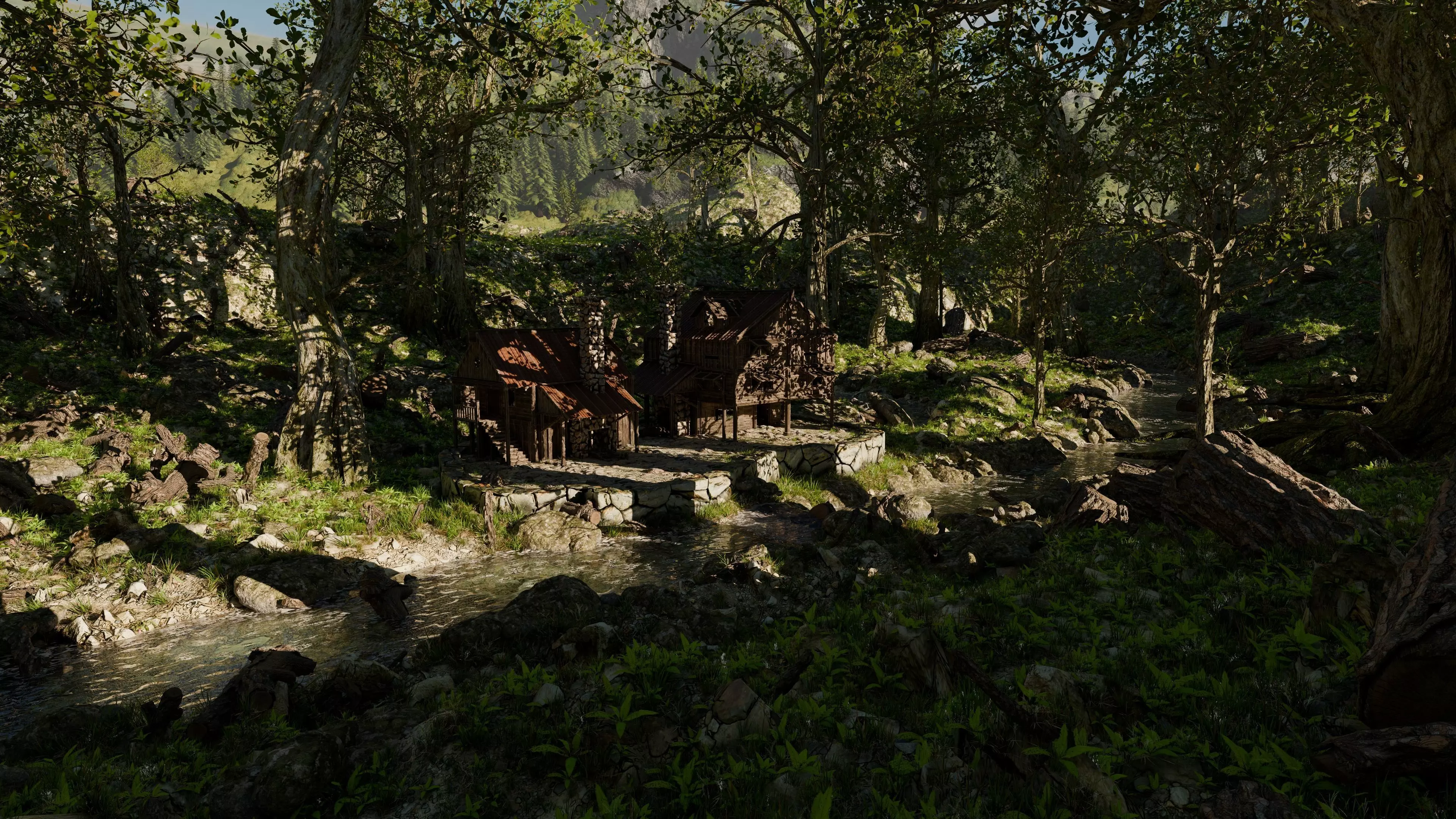 Cabin River Landscape Scene 3D model_1