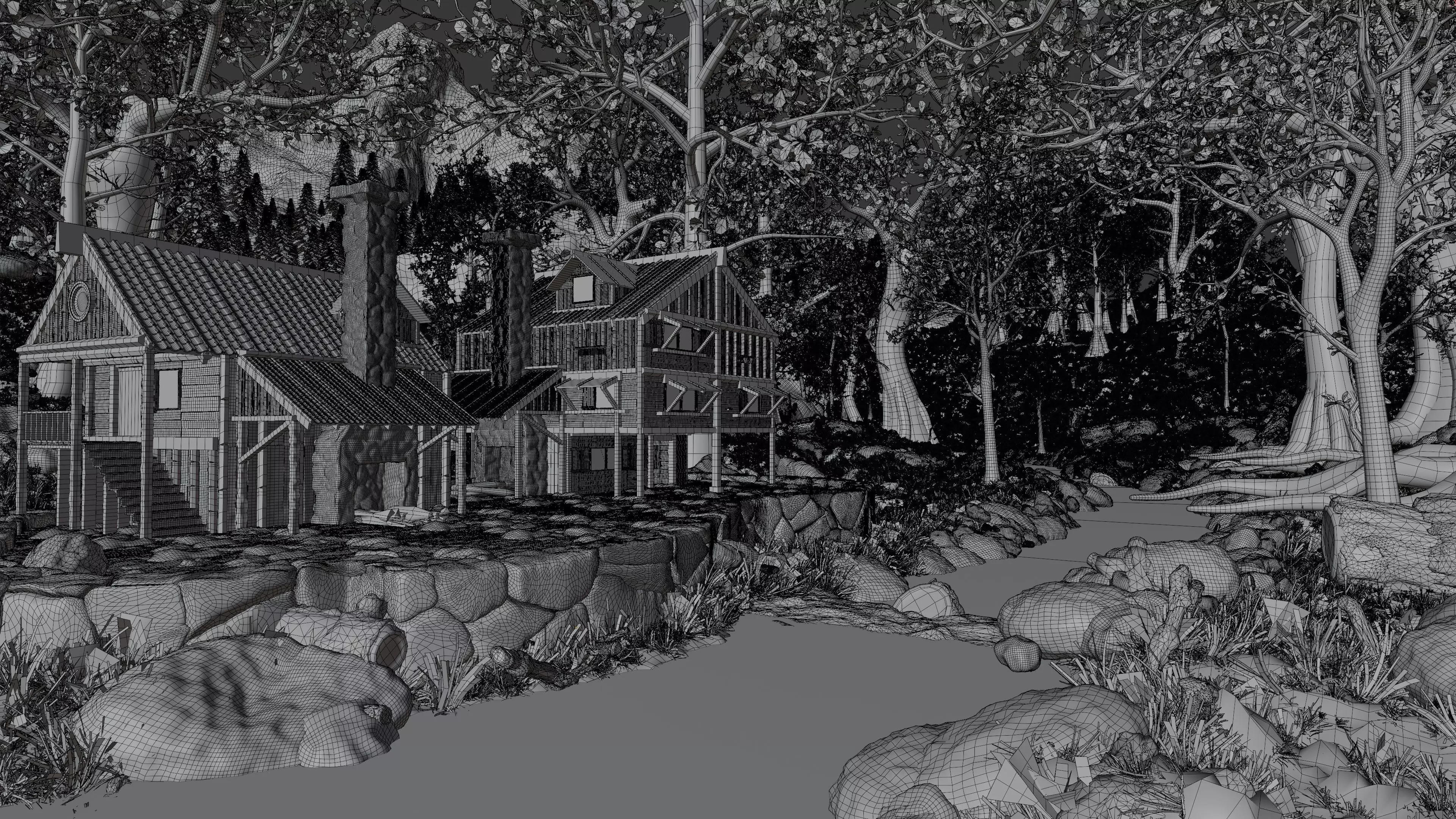 Cabin River Landscape Scene 3D model_13