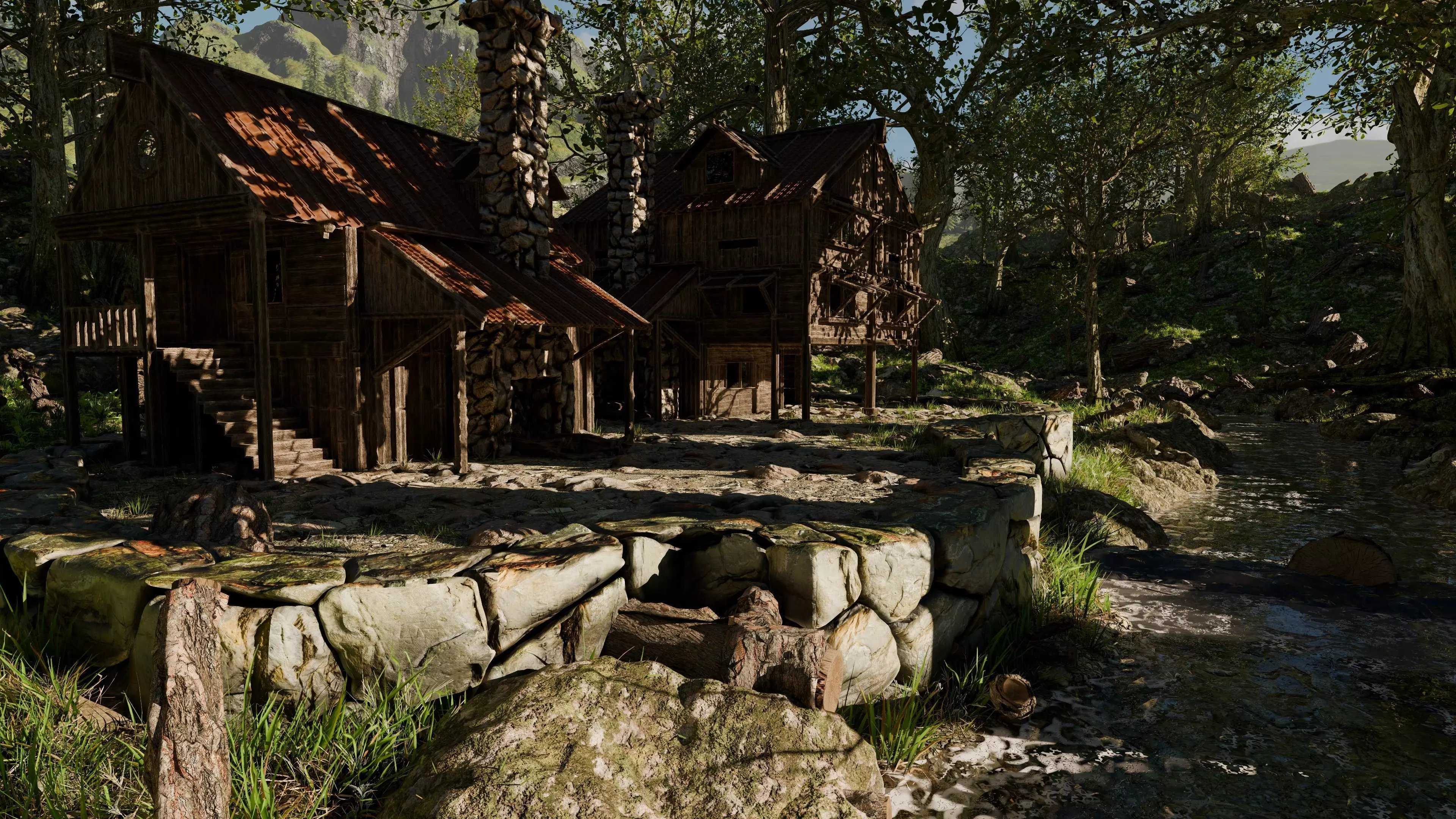 Cabin River Landscape Scene 3D model_4