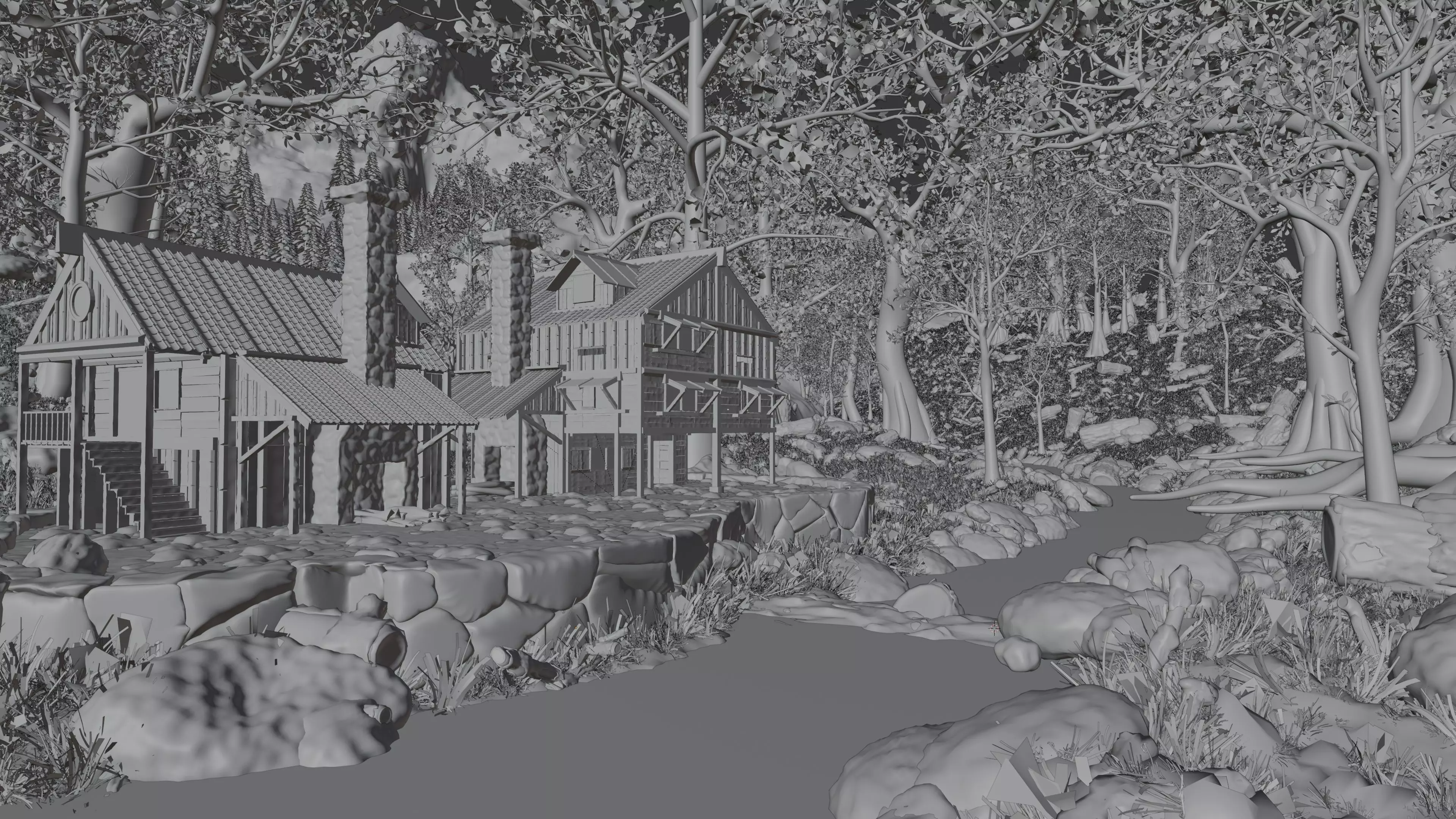 Cabin River Landscape Scene 3D model_12