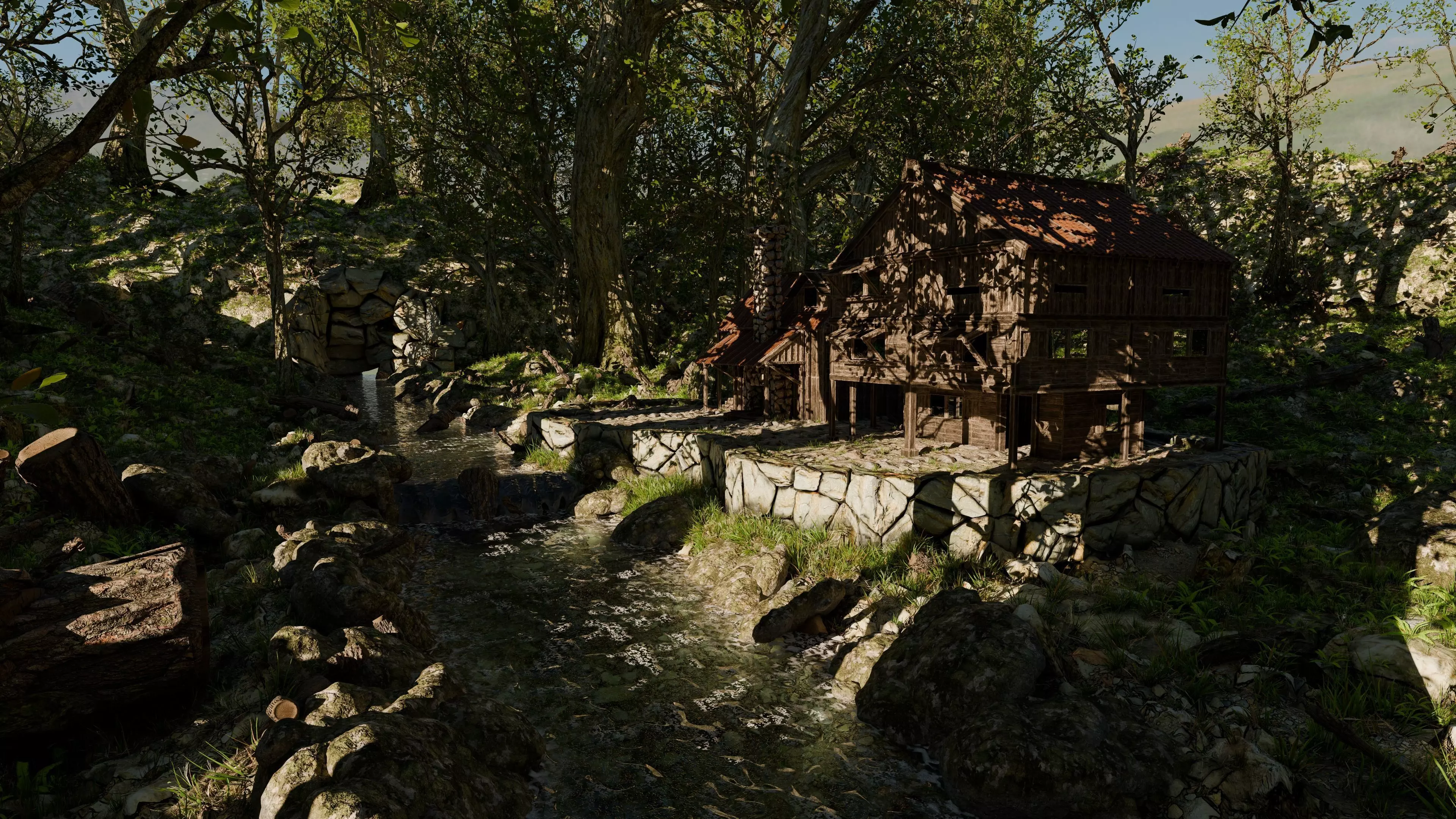 Cabin River Landscape Scene 3D model_6