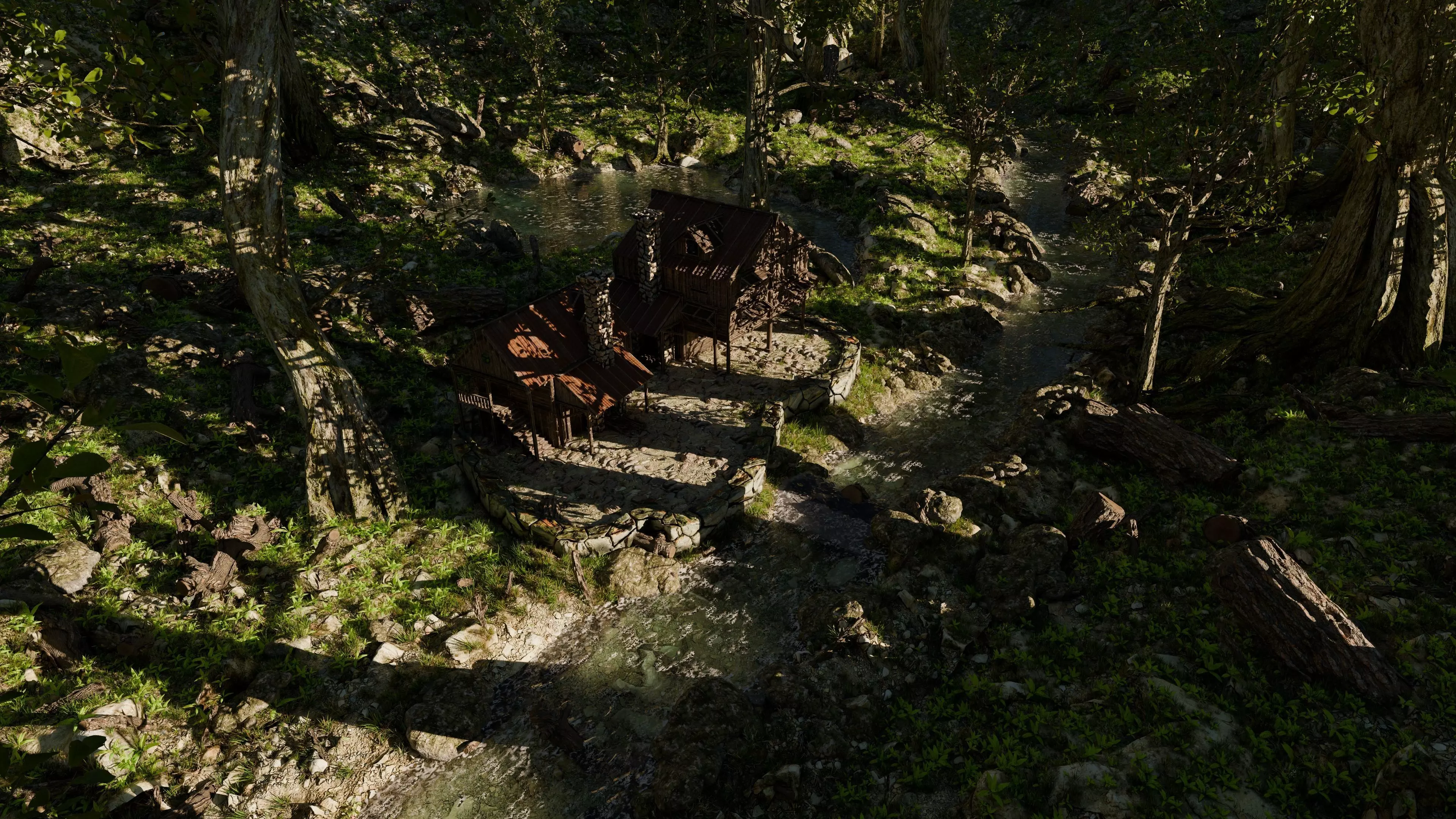 Cabin River Landscape Scene 3D model_2