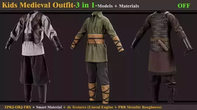 3 in 1 Kids Medieval Outfit-MD-Clo3d-OBJ-FBX-Material- Textures