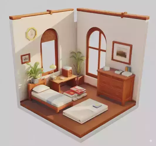 Cozy Bedroom Interior 3D Cartoon Room Wooden Furniture Plants