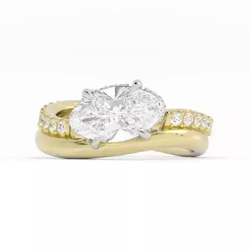 Oval Curved Band Engagement Ring Pave and Wedding Band Ring Set