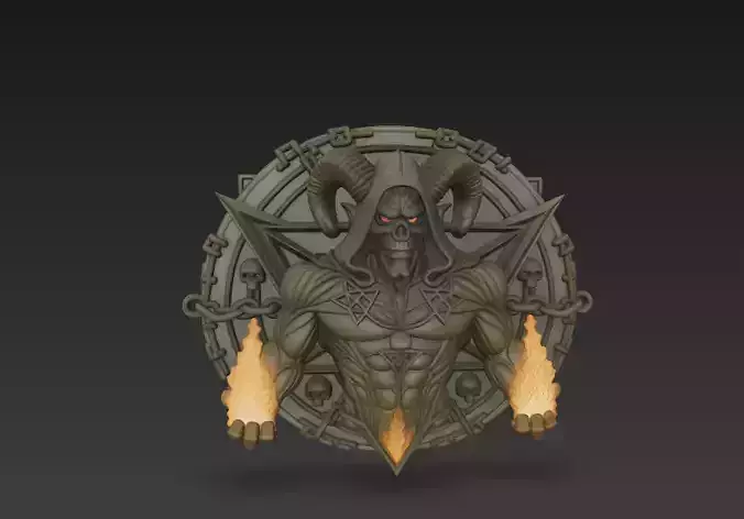 Demon Bust with Flames - Dark Fantasy Sculpture