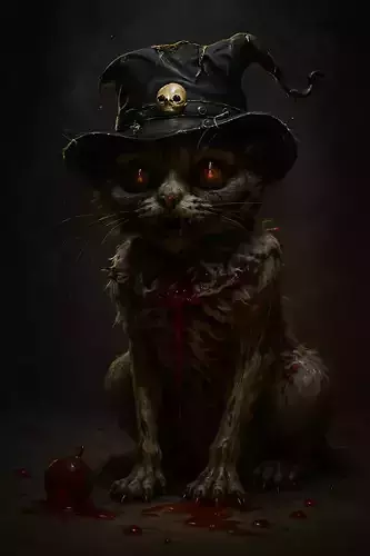 Dark Fantasy Cat Sculpture 3D Model - Bloody Witch Hat 3D print model