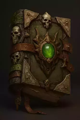 Stylized Dark Fantasy Magic Book 3D Model - Skull Ornamented 3D model