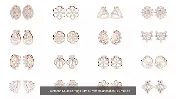 19 Diamond Studs Earrings 3dm stl renders animation 3D Model Collection