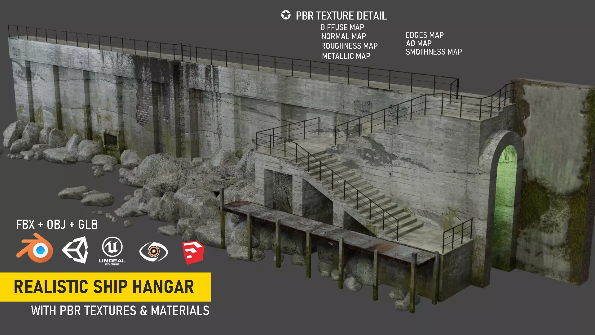 Abandoned Concrete Ship Hangar with Stairs and Sea Wall Low-poly 3D model