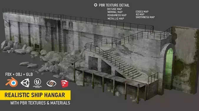 Abandoned Concrete Ship Hangar with Stairs and Sea Wall