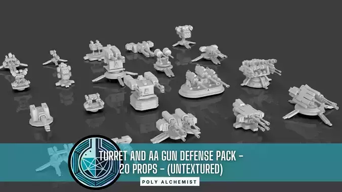 Turret and AA Gun Defense Pack - 3 - 20 Props - Untextured 3D model Turret and AA Gun Defense Pack - 3 - 20 Props - Untextured 3D model