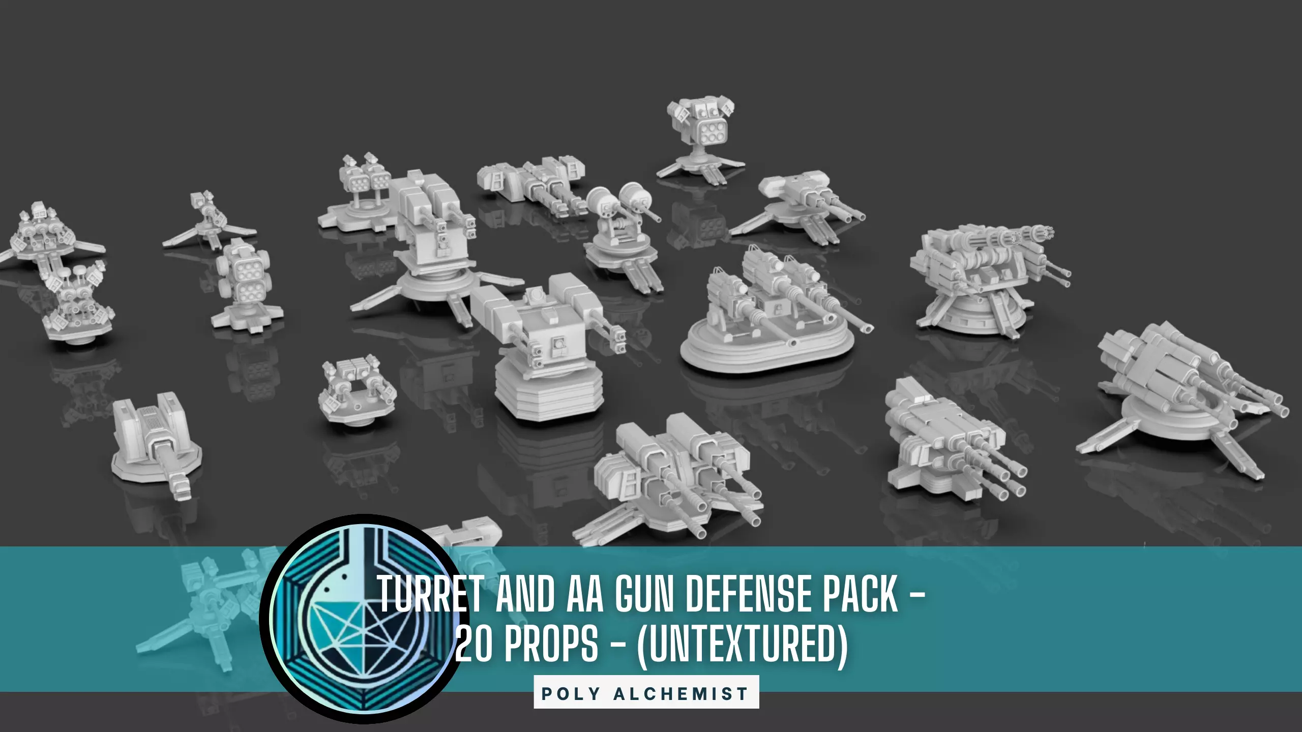 Turret and AA Gun Defense Pack - 3 - 20 Props - Untextured 3D model_0