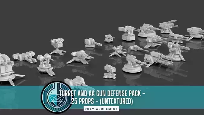 Turret and AA Gun Defense Pack - 4 - 25 Props - Untextured 3D model Turret and AA Gun Defense Pack - 4 - 25 Props - Untextured 3D model