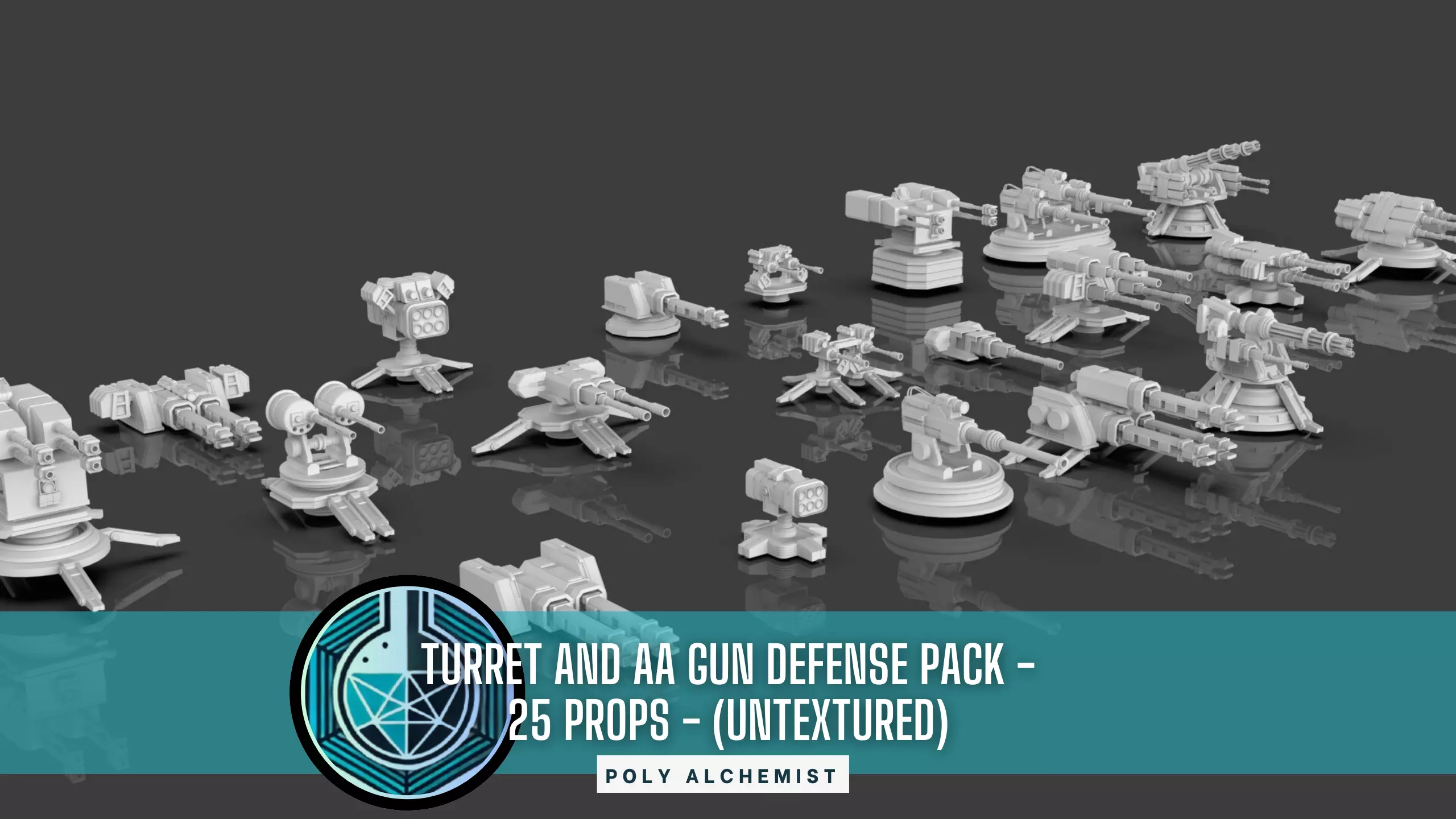 Turret and AA Gun Defense Pack - 4 - 25 Props - Untextured 3D model_0