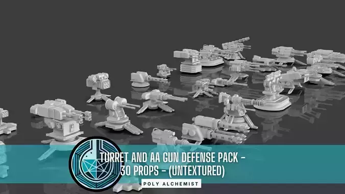 Turret and AA Gun Defense Pack - 5 - 30 Props - Untextured