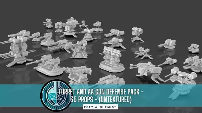 Turret and AA Gun Defense Pack - 6 - 35 Props - Untextured
